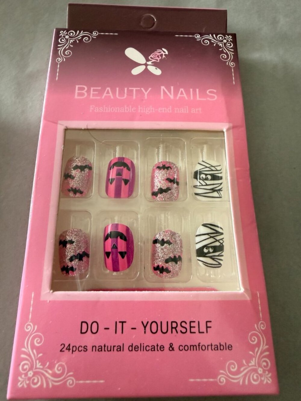 Halloween Press On Nails 24pc Pink Pumpkin Bat Mummy + FREE Surprise Bonus Pair